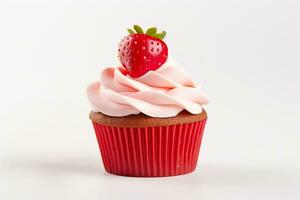 AI generated Valentine's day theme cupcake with a strawberry topper. Generative AI. photo