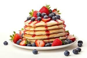 AI generated Stack of pancakes with strawberries and blueberries on white background. Generative AI. photo