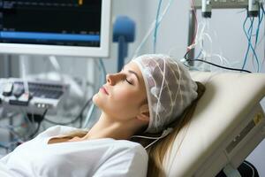 AI generated A young caucasian female patient undergoing EEG examination. Generative AI. photo