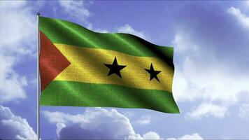 Flag of Sao Tome and Principe.Motion. The main colors of the flag are green, yellow, red and black. There are three horizontal stripes and two black stars on the flag cloth photo