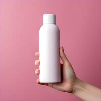 AI generated Hand Holding a Blank White Bottle on Pink Background photo