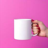 AI generated Hand Holding Blank White Mug on Purple Background photo