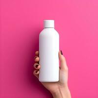 AI generated Hand Holding a Blank White Bottle on Pink Background photo
