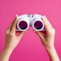 AI generated Hands Holding White Binoculars Against Pink Background photo