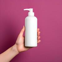 AI generated Hand Holding a Blank White Lotion Dispenser Bottle on Purple Background photo