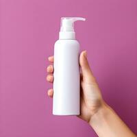 AI generated Hand Holding a Blank White Lotion Dispenser Bottle on Purple Background photo