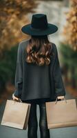 AI generated Rear view of brunette woman holding shopping bag with blur bokeh outdoors background. photo