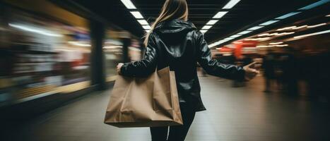 AI generated Blurred motion of woman walking and holding paper shopping bag in back view photo