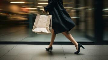 AI generated Blurred motion of woman walking and holding paper shopping bag in back view photo
