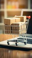 AI generated paper boxes parcel in a cart trolley on laptop in shopping online concept photo