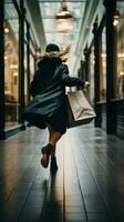 AI generated Blurred motion of woman walking and holding black paper shopping bag photo