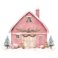 AI generated Cozy Christmas Pink Barns Clipart in Watercolor, Perfect for Greeting Cards, Generative Ai png