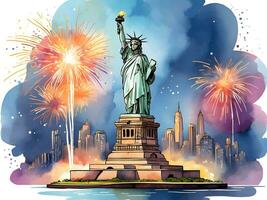 AI generated Statue of Liberty with night time with firewore celebration photo