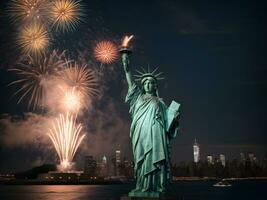 ai generado estatua de libertad con noche hora con fuego celebracion foto