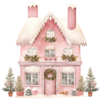 AI generated Cozy Christmas Pink House Clipart in Watercolor, Generative Ai png