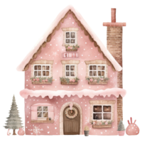 ai generato accogliente Natale rosa Casa clipart nel acquerello, generativo ai png