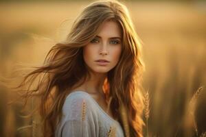 ai generado retrato de un hermosa joven rubia mujer en un blanco vestir corriendo mediante el dorado trigo campo a puesta de sol .ai generado foto