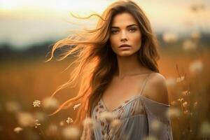 AI generated Portrait of a beautiful young blonde woman in a white dress running through the golden wheat field at sunset .AI Generated photo