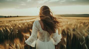 AI generated Photo young beautiful and happy Woman in a white dress in the wheat field at sunset .AI Generated