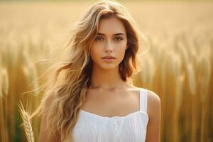 AI generated Photo young beautiful and happy Woman in a white dress in the wheat field at sunset .AI Generated