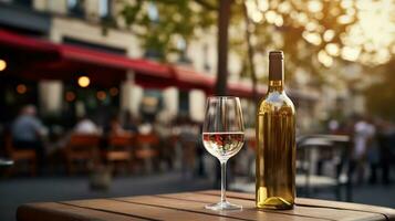 AI generated Generative AI, glass of white wine and bottle on wooden table with blur background with lights of street bar, cafe, coffee shop or restaurant, wine mock up photo