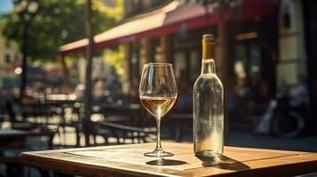 AI generated Generative AI, glass of wine and bottle on wooden table with blur background with lights of street bar, cafe, coffee shop or restaurant, wine mock up photo