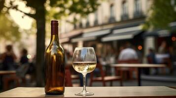 AI generated Generative AI, glass of white wine and bottle on wooden table with blur background with lights of street bar, cafe, coffee shop or restaurant, wine mock up photo