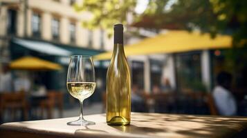 AI generated Generative AI, glass of white wine and bottle on wooden table with blur background with lights of street bar, cafe, coffee shop or restaurant, wine mock up photo