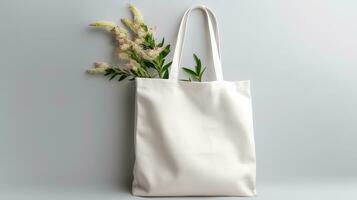 AI generated Generative AI, eco handbag full of flowers, white tote bag mock up on neutral background photo