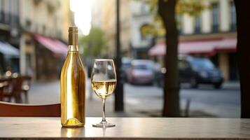 ai generado generativo ai, vaso de vino y botella en de madera mesa con difuminar antecedentes con luces de calle bar, cafetería, café tienda o restaurante, vino burlarse de arriba foto