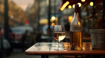 AI generated Generative AI, glass of wine and bottle on wooden table with blur background with lights of street bar, cafe, coffee shop or restaurant, wine mock up photo