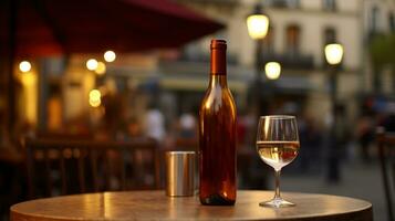 AI generated Generative AI, glass of wine and bottle on wooden table with blur background with lights of street bar, cafe, coffee shop or restaurant, wine mock up photo