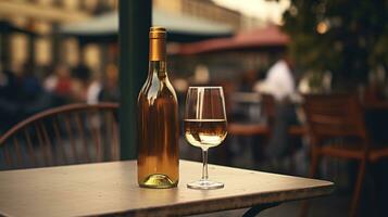 AI generated Generative AI, glass of white wine and bottle on wooden table with blur background with lights of street bar, cafe, coffee shop or restaurant, wine mock up photo