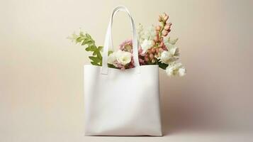 AI generated Generative AI, eco handbag full of flowers, white tote bag mock up on neutral background photo
