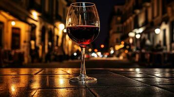 AI generated Generative AI, glass of red wine on wooden table with blur background with lights of street bar, cafe or restaurant photo