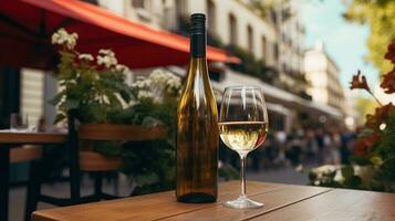 AI generated Generative AI, glass of white wine and bottle on wooden table with blur background with lights of street bar, cafe, coffee shop or restaurant, wine mock up photo