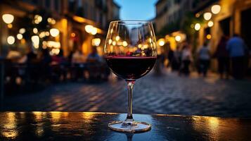 AI generated Generative AI, glass of red wine on wooden table with blur background with lights of street bar, cafe or restaurant photo