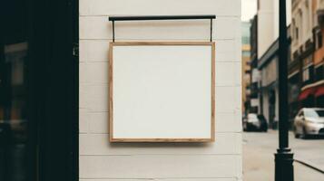 AI generated Generative AI, coffee shop street signboard mock up for logo design, brand presentation, aesthetic muted neutral colors, on the wall outdoor photo