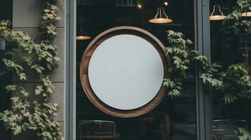 AI generated Generative AI, coffee shop street signboard mock up for logo design, brand presentation, aesthetic muted neutral colors, on the wall outdoor photo