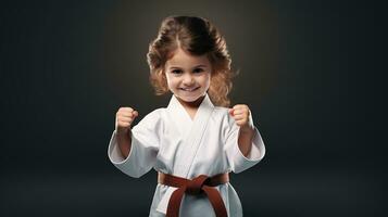 ai generado generativo ai, niño vestido en un blanco kárate kimono, práctica taekwondo, kárate, judo foto