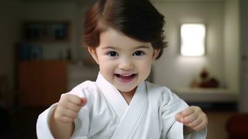 ai generado generativo ai, niño vestido en un blanco kárate kimono, práctica taekwondo, kárate, judo foto