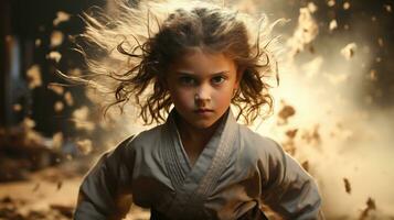 AI generated Generative AI, Child dressed in a white karate kimono, practice taekwondo, karate, judo photo