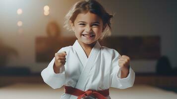 ai generado generativo ai, niño vestido en un blanco kárate kimono, práctica taekwondo, kárate, judo foto