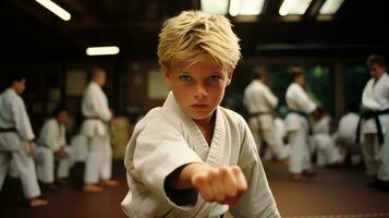 ai generado generativo ai, niño vestido en un blanco kárate kimono, práctica taekwondo, kárate, judo foto