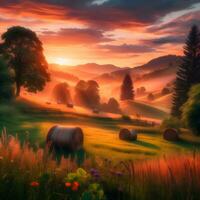 AI generated Countryside peaceful nature landscape, Misty fall afternoon with golden light of the sun, Misty fall golden hour morning in the village photo