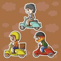 Set of Cute Cartoon Vector Illustration Retro Vintage Classic Scooter Riders. Retro Classic Scooter Bike Vector set