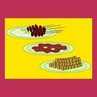 Illustration of an Indonesian culinary dish called sate bulayak which is served on several plates vector