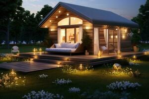 AI generated 3d rendering of modern cozy chalet in garden at night, A 3D rendering features a small house on the grass with a lot of lights, AI Generated photo