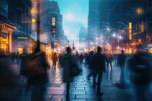 AI generated Crowd of people walking in London at night, A crowd of people walks in the city at night, creating a blurred background, AI Generated photo