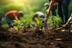 AI generated Farmer planting seedlings in fertile soil to reduce global warming, A group of people plants seedlings in the ground in a close-up shot, AI Generated photo